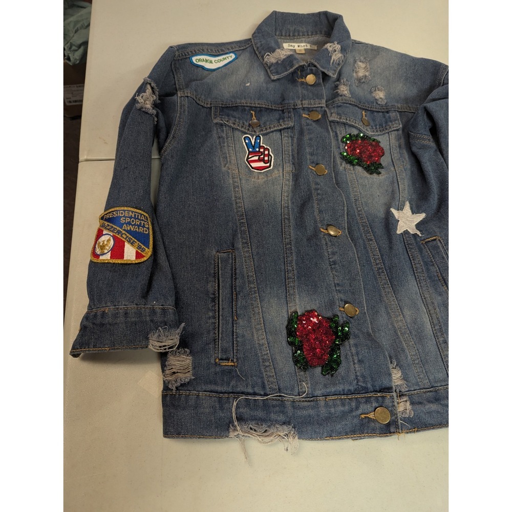 Say What? Oversized Denim Jacket XS Sequin Tiger Rose Patches Distressed Jean - Picture 8 of 16